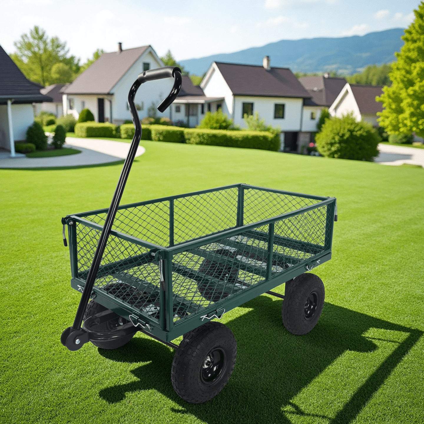 550lbs Foldable Garden Wagon Cart, Green Utility Truck with 10" Pneumatic Tires, 4-Side Removable Mesh & 180° Rotating Handle, Heavy-Duty Steel Frame for Firewood Plants Soil Transport