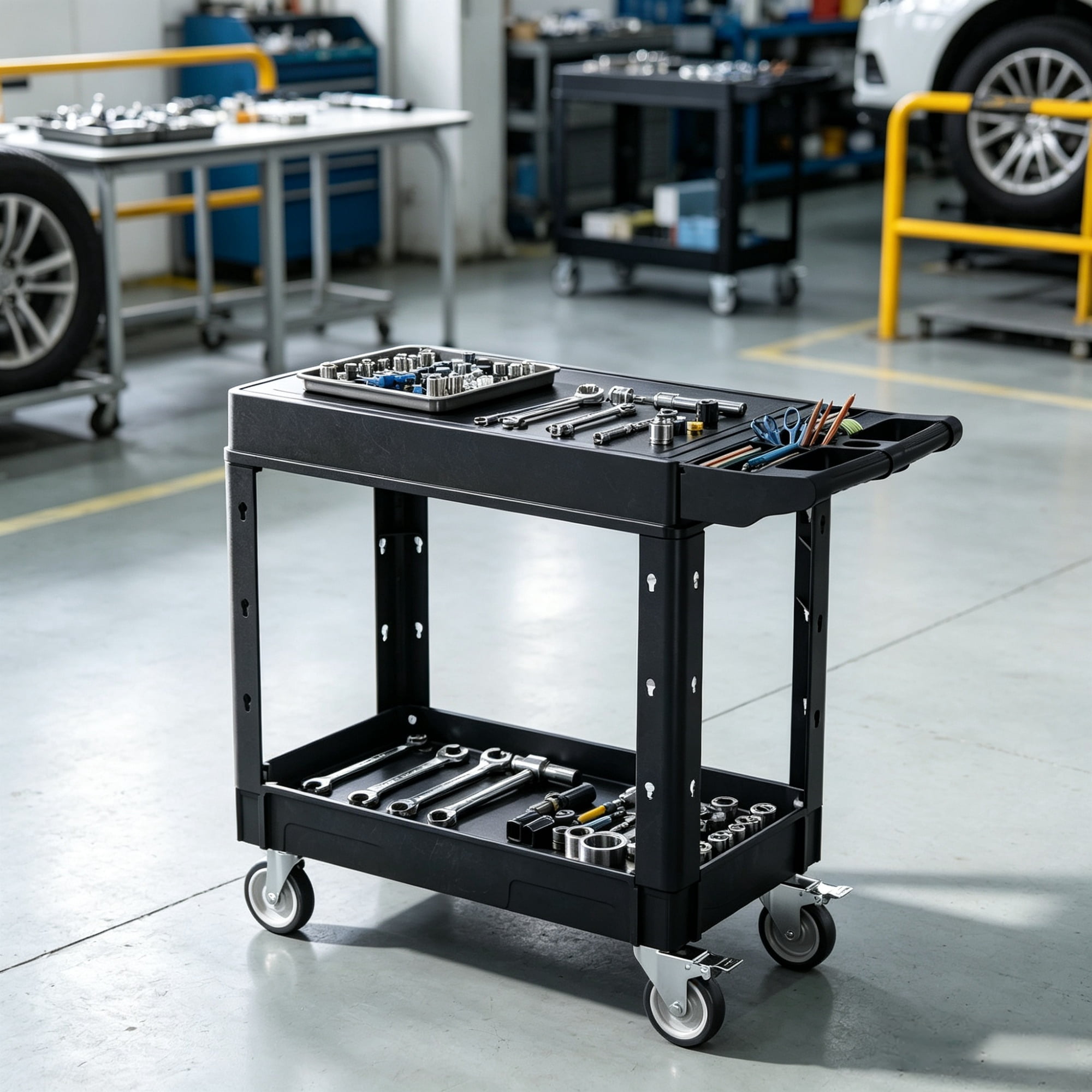 550lbs Utility Cart, 2-Shelf Heavy Duty Plastic Service Cart with 360° Swivel Wheels (2 with Brakes), Suitable for Warehouse, Garage & Cleaning, 31.3 x 17.7 Inch