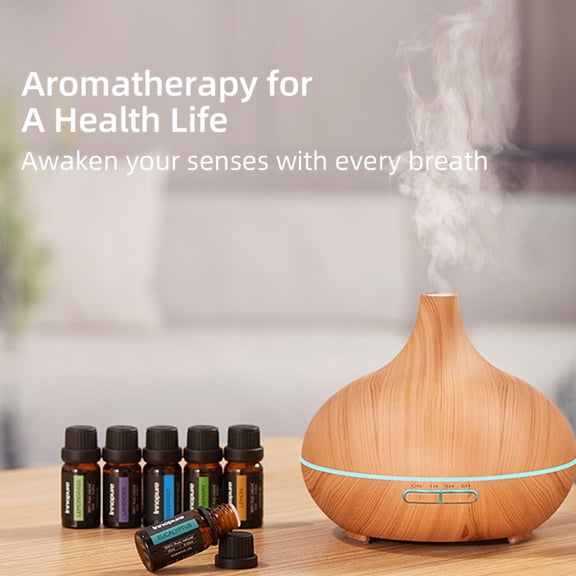 550ml Aromatherapy Diffuser & 6 Essential Oils Set Ultrasonic Cool Mist Humidifier 4 Timers 7 Colors Light Auto Off Yellow Wood Grain