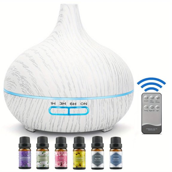 550ml Aromatherapy Essential Oil Diffuser Set with 6 Blends (10ml) - Large Room Humidifier with Lavender Jasmine Rose Lemon Ocean Scents - Perfect Gift for Home & Office
