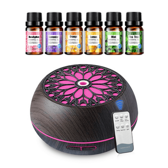550ml Cool Mist Humidifier & Aroma Diffuser | 6 Essential Oils Soundwave Technology Remote Control USB-Powered Pre-Filter System & Stylish Pink Floral Design for Bedroom Office Livi