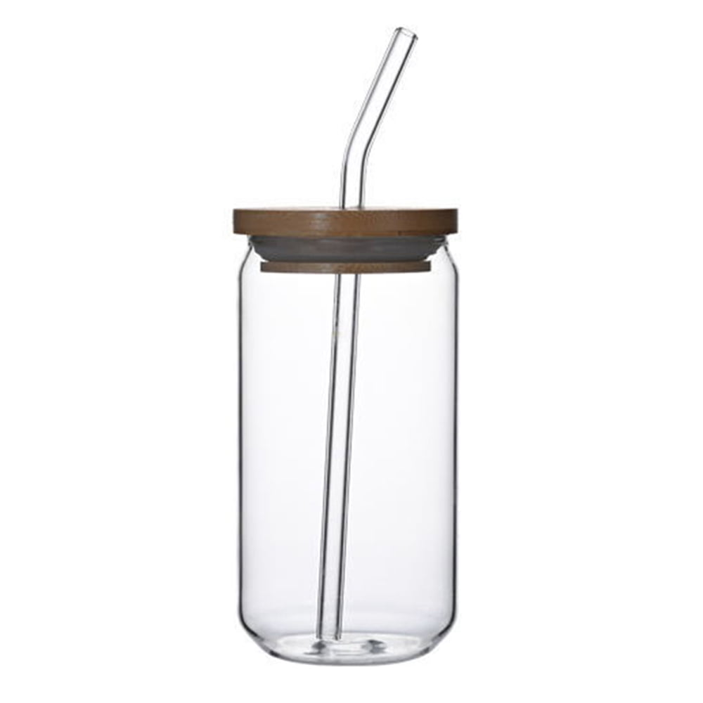 550ml Glass Cup with Bamboo Lids and Straws, Wide Mouth Clear Drinking ...