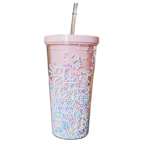 550ml Rainbow Plastic Water Bottle Double Layer Sequin Drinking Cup with Straw