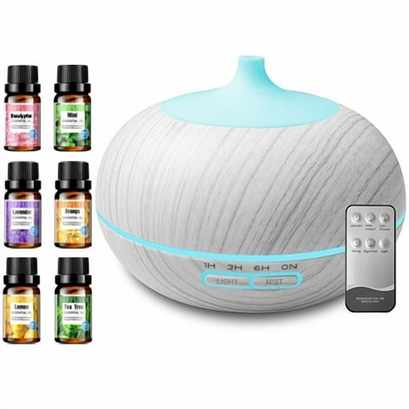 550ml Wood Grain Essential Oil Diffuser with Remote - 6 Oil Blends Bundle, 7 Color LED Mood Lighting, Ultra-Quiet Humidifier for Home, Office, Yoga
