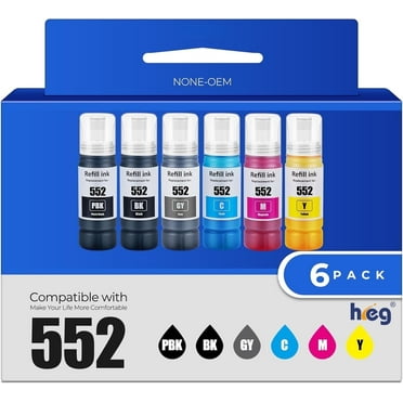 552 Ink Bottles Ecotank 6 Pack ET-8550 ET-8500 Replacement for Epson 552 Ink Refill Bottle Work Ecotank Photo ET8550 ET8500 Printer (BK PB C M Y GY)