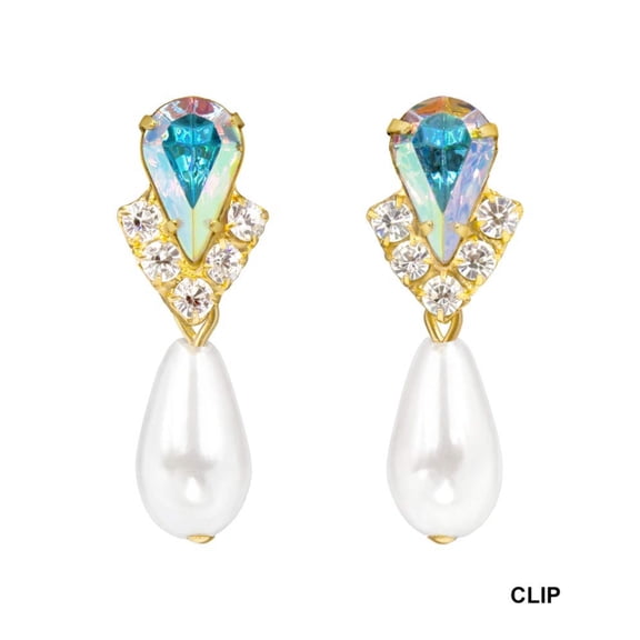 #5538ABGCLIP - Rhinestone Pear V Pearl Drop Earrings - AB Gold Plated - Clip