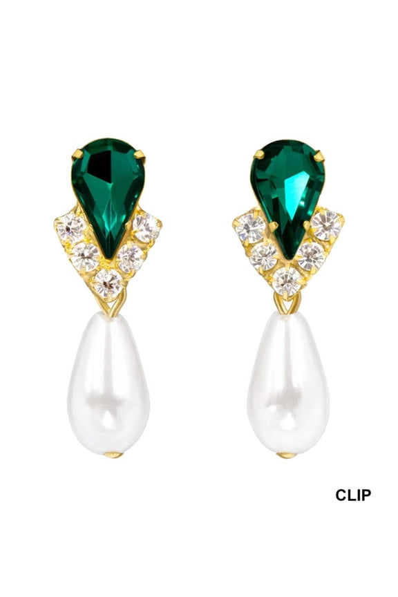#5538EMG CLIP - Rhinestone Pear V Pearl Drop Earrings-Emerald Gold-Clip