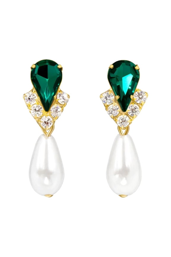#5538EMG - Rhinestone Pear V Pearl Drop Earrings - Emerald Gold Plated