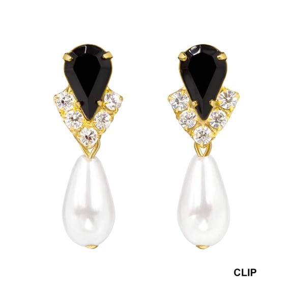 #5538JETG CLIP - Rhinestone Pear V Pearl Drop Earrings - Jet Gold Plated - Clip