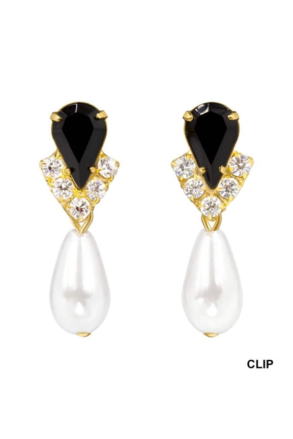 #5538JETG CLIP - Rhinestone Pear V Pearl Drop Earrings - Jet Gold Plated - Clip