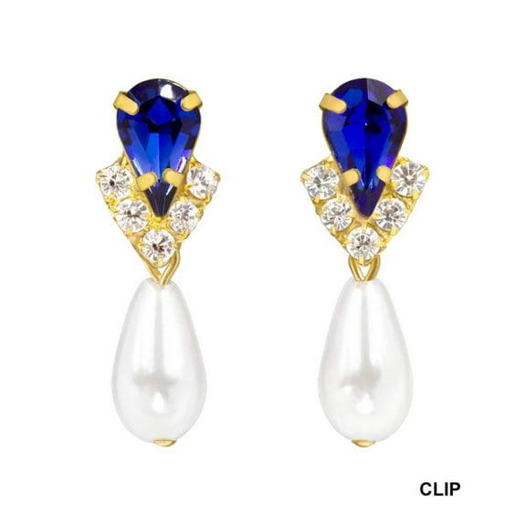 #5538SAPHG CLIP - Rhinestone Pear V Pearl Drop Earrings - Sapphire Gold Plated - Clip