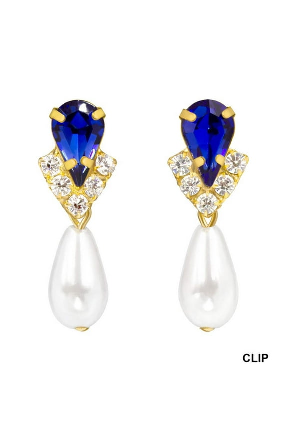 #5538SAPHG CLIP - Rhinestone Pear V Pearl Drop Earrings - Sapphire Gold Plated - Clip