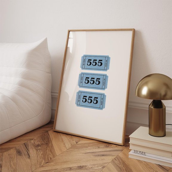 555 Angel Number Print, Vintage Blue Ticket Wall Art Home Decor #891, Unframed Canvas Size 24x36