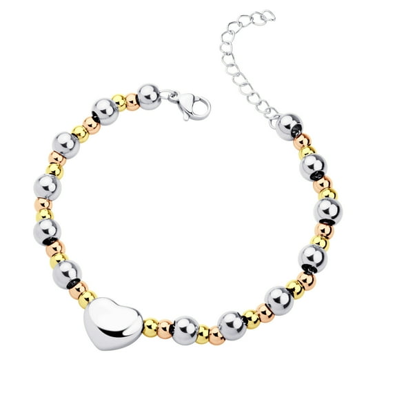 555Jewelry 4mm Adjustable Stainless Steel Puffed Heart Charm Dainty Bead Chain Bracelets for Women & Girls, 7.5 Inch, Silver/Gold/Rose Gold