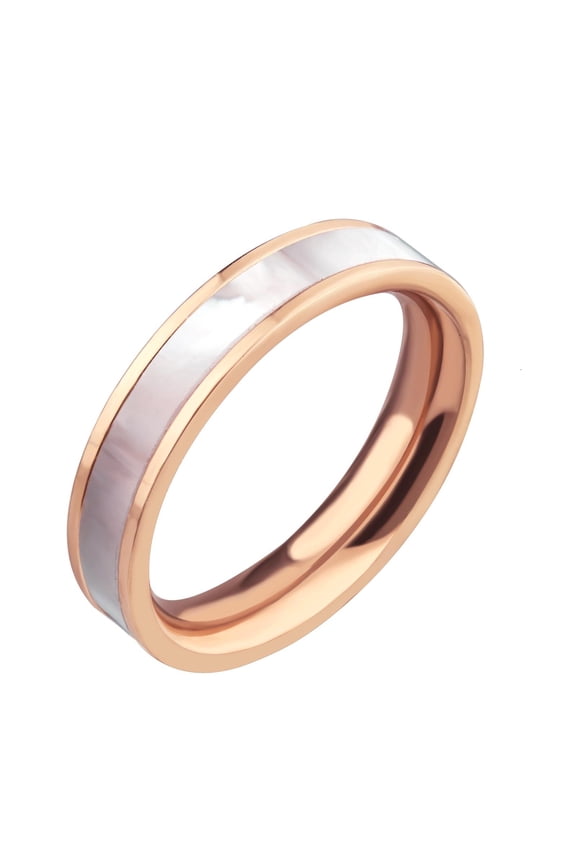4mm Stainless Steel Mother of Pearl Abalone Shell Inlay Band Ring for Women & Girls, Shell Wedding Rings for Women, Rose Gold, Size 7