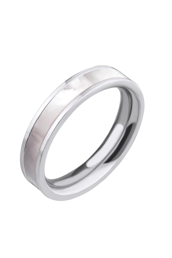 4mm Stainless Steel Mother of Pearl Abalone Shell Inlay Band Ring for Women & Girls, Shell Wedding Rings for Women, Silver, Size 9