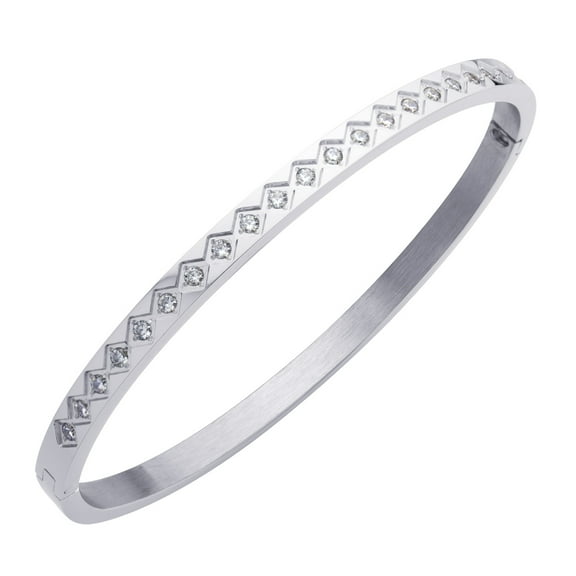 555Jewelry 4mm Thin Stainless Steel Hinged Cuff Bangle Cubic Zirconia Designer Inspired Sparkly Bracelets for Women, Silver