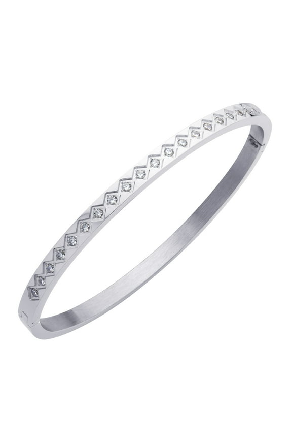 4mm Thin Stainless Steel Hinged Cuff Bangle Cubic Zirconia Designer Inspired Sparkly Bracelets for Women, Silver