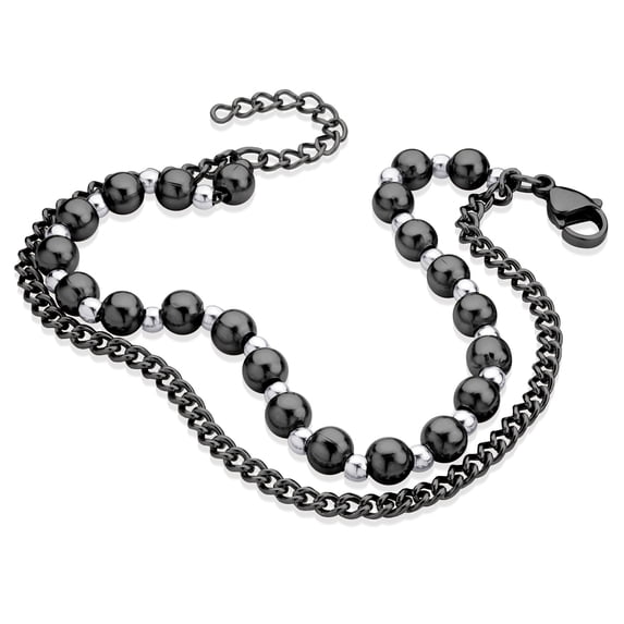 555Jewelry 5mm Dainty Adjustable Stainless Steel Wrap Beads & Curb Chain Bracelets for Women & Girls, Black/Sliver, 7 Inch