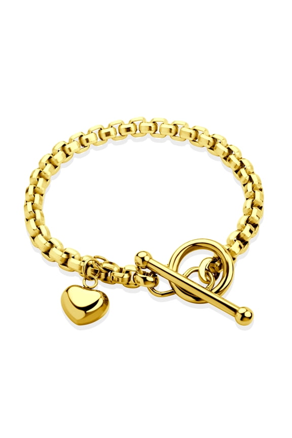 555Jewelry 5mm Stainless Steel Puffed Heart Charm Box Chain T Toggle Clasp Bracelets for Women & Girls, 7.5 Inch, Gold