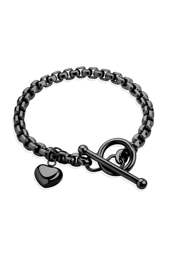 ‎555Jewelry 5mm Stainless Steel Puffed Heart Charm Box Chain T Toggle Clasp Bracelets for Women & Girls, 8.25 Inch, Black
