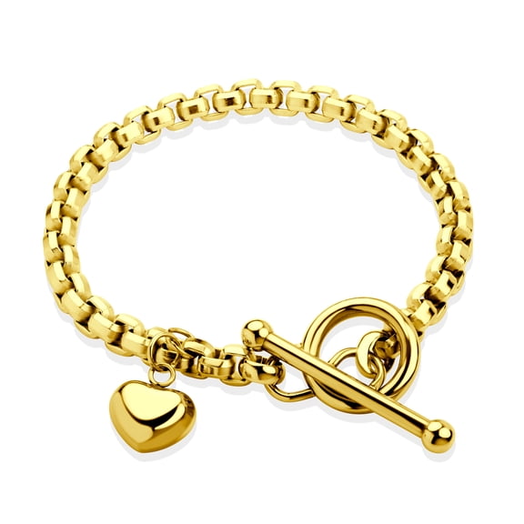 ‎555Jewelry 5mm Stainless Steel Puffed Heart Charm Box Chain T Toggle Clasp Bracelets for Women & Girls, 8.25 Inch, Gold