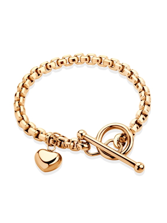 ‎555Jewelry 5mm Stainless Steel Puffed Heart Charm Box Chain T Toggle Clasp Bracelets for Women & Girls, 8.25 Inch, Rose Gold