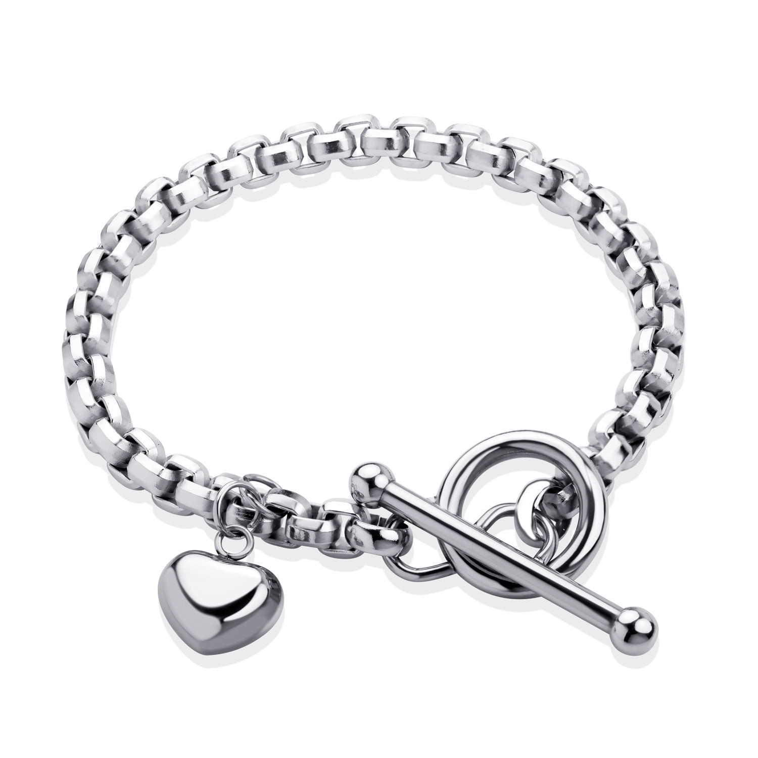 925 Sterling Silver Paperclip Bracelet – Double Chain With Puff Heart Charm, Adjustable, Charm-Friendly