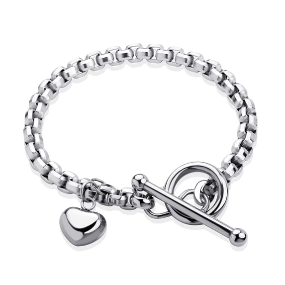 555Jewelry 5mm Stainless Steel Puffed Heart Charm Box Chain T Toggle Clasp Bracelets for Women & Girls, 8.25 Inch, Silver