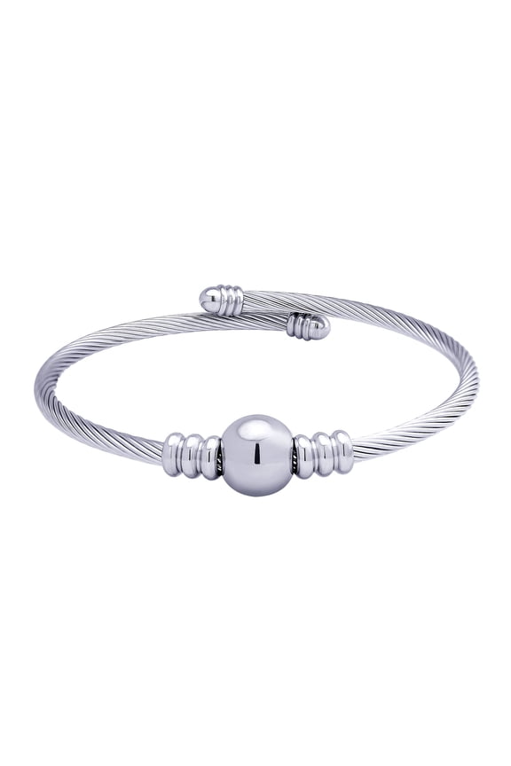 Adjustable Center Bead Twisted Wire Cable Cuff Bangle Bracelets for Women, Silver