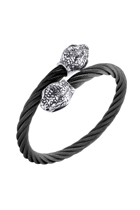 Adjustable Stainless Steel Twisted Cable Wire Open Bangle Cuff with Snake Heads Endings, Viking Bracelet for Men, Black