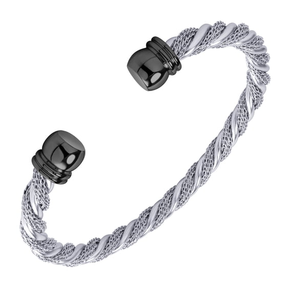 555Jewelry Adjustable Stainless Steel Twisted Wire Open Cuff Bangle Cable Bracelet, Silver & Black