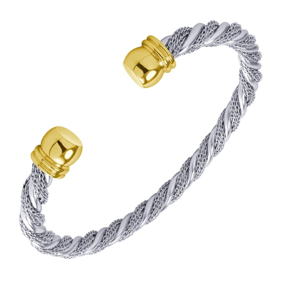 555Jewelry Adjustable Stainless Steel Twisted Wire Open Cuff Bangle Cable Bracelet, Silver & Gold
