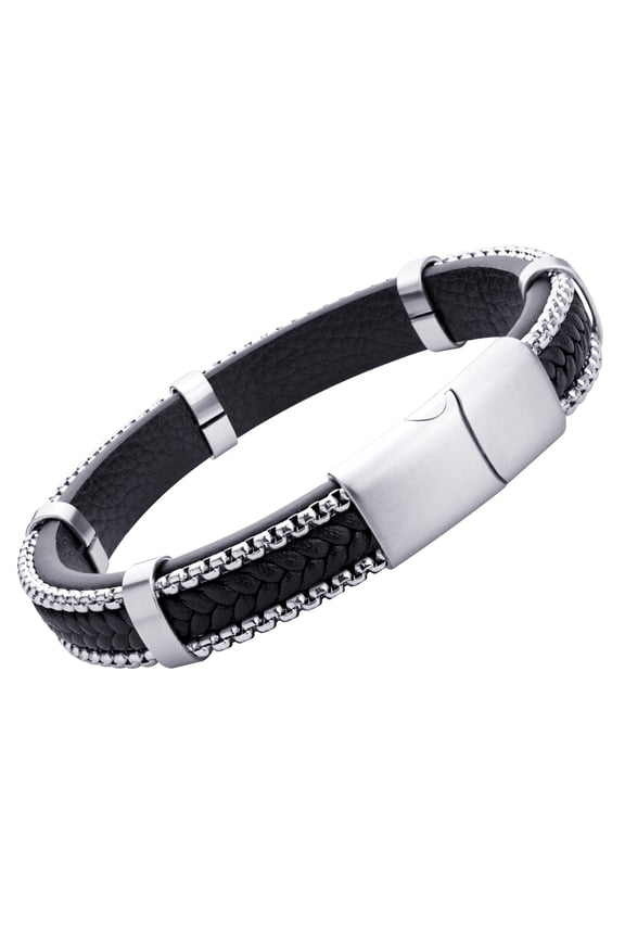 Black Braided Genuine Leather & Steel Magnetic Clasp Bracelet for Men, Silver Clasp, 9 Inch