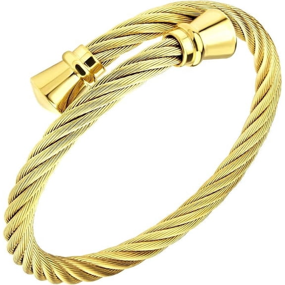 555Jewelry Classic Stainless Steel Mens Womens Girls Cuff Bangle Twisted Wire Cable Adjustable Wristband Bracelet, Gold