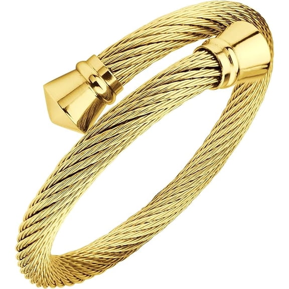 555Jewelry Classic Stainless Steel Mens Womens Girls Cuff Bangle Twisted Wire Cable Adjustable Wristband Bracelet, Yellow Gold