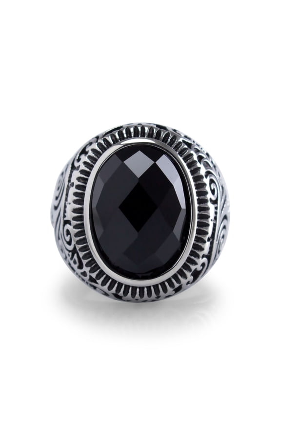 Classic Stainless Steel Rings for Men, Retro Vintage Celtic Seal Oval Diamond Cut Black Onyx Ring for Men, Signet Ring for Men, Mens Stone Ring Band, Silver, Size 8