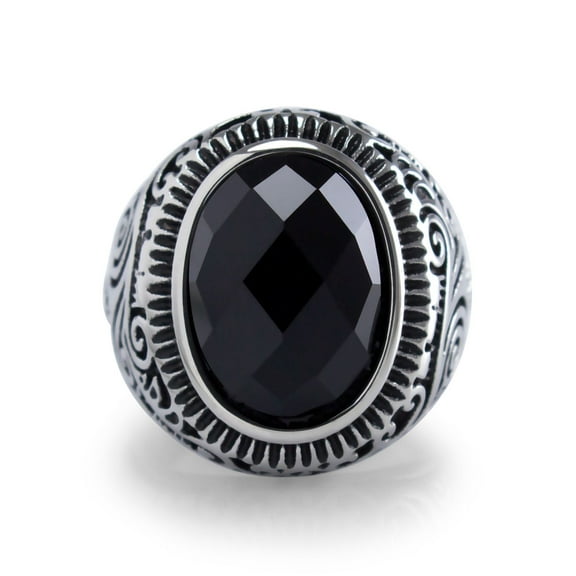 555Jewelry Classic Stainless Steel Rings for Men, Retro Vintage Celtic Seal Oval Diamond Cut Black Onyx Ring for Men, Signet Ring for Men, Mens Stone Ring Band, Silver, Size 9