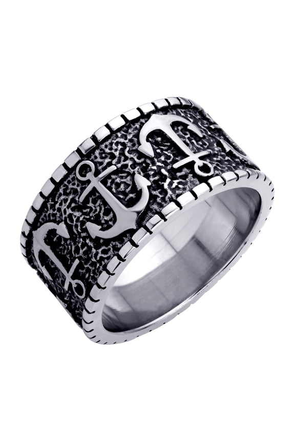 ‎555Jewelry Classic Stainless Steel Rings for Men, Vintage Nautical Anchor Ring for Men, Retro Pirate ‎Sailor Bands, Navy Rings for Men, Silver, Size 9