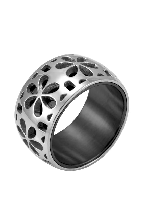 Edgy Stainless Steel Engraved Daisies Hawaiian Plumeria Flower Full Bloom Blooming Memorable Unisex Wedding Engagement Band Fashion Jewelry Accessory Ring, Black Size 9