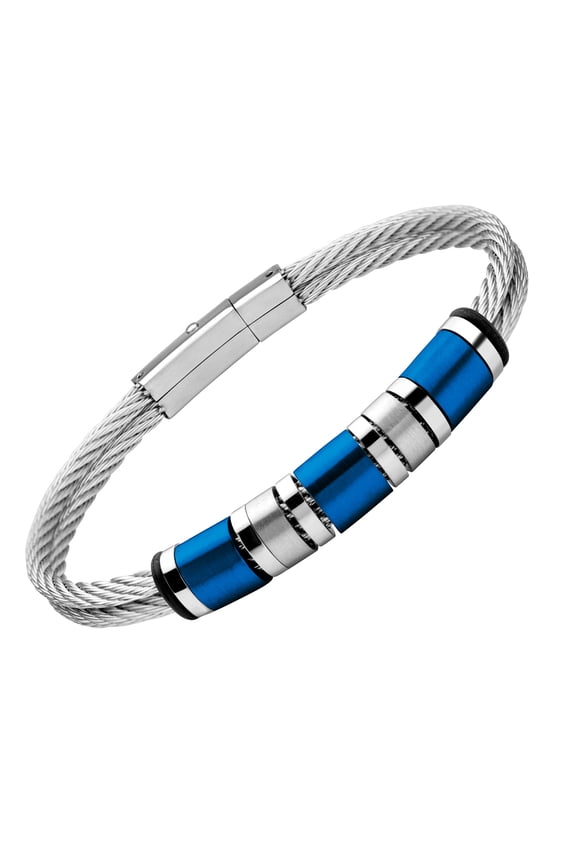 Elegant Stainless Steel Flexible Dual Row Twisted Cable Wrist Bracelet for Men, 8.25 Inch, Blue