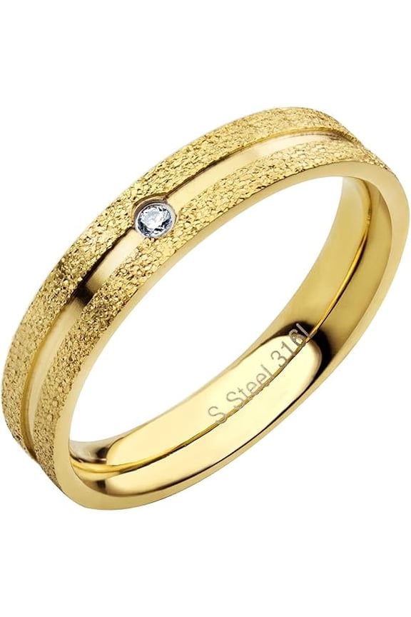 Grooved Stainless Steel CZ Rings for Women, Glittering Sandblast Texture Female Wedding Bands, CZ Rings for Women, CZ Engagement Rings for Women & Men, Gold, Size 4.5