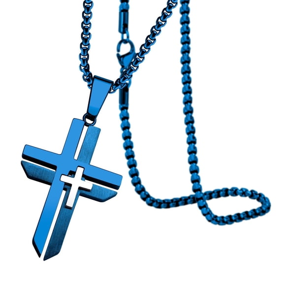 555Jewelry Grooved Stainless Steel Dual Cross Necklace for Men, 2 Tone Modern Cross Pendant for Boys & Girls, Religious Crucifix Cross Pendant for Wife & Husband, Blue, 18 Inches Box Chain