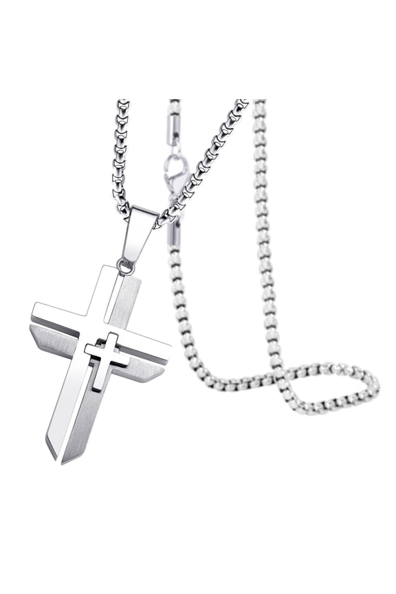 Grooved Stainless Steel Dual Cross Necklace for Men, 2 Tone Modern Cross Pendant for Boys & Girls, Religious Crucifix Cross Pendant for Wife & Husband, Silver, 22 Inches Box Chain