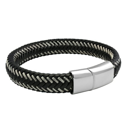 555Jewelry Mens Bracelets Braided Silver & Black Leather and Steel Magnetic Clasp, Silver, 9 Inch