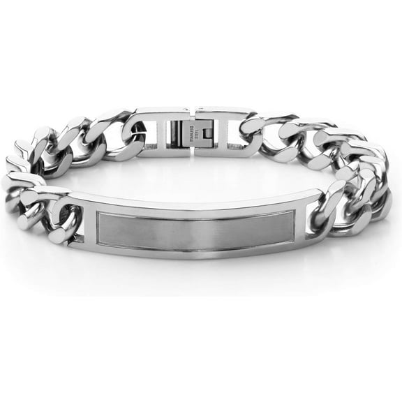 555Jewelry Mens Stainless Steel Metal Bar Plate Tag Cuban Link Curb Adjustable Wristband Chain ID Bangle Bracelet, Silver 8 Inch