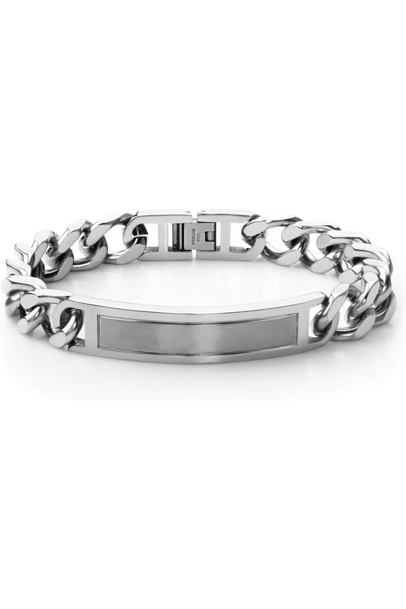 Mens Stainless Steel Metal Bar Plate Tag Cuban Link Curb Adjustable Wristband Chain ID Bangle Bracelet, Silver 8 Inch