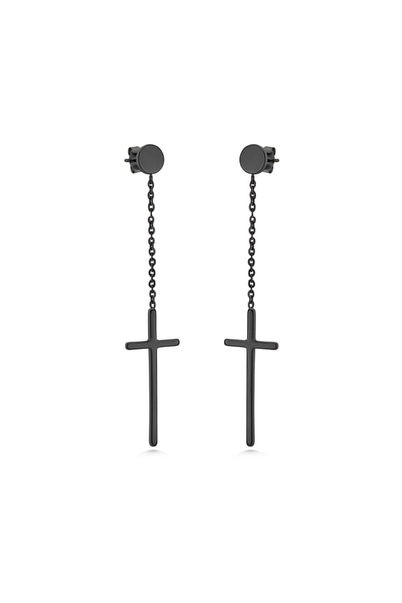 Mens Womens Stainless Steel Chic Cool Hanging Cross Christian Church Drop Dangle Dangling Earring Pair Fashion Accessory Jewelry Long Chain Post Nut Earrings, Black