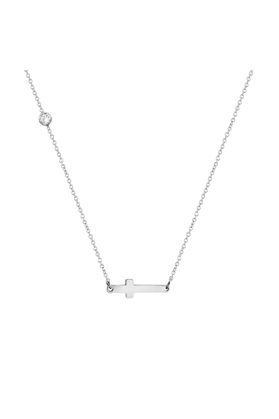 Polished Stainless Steel Sideways Cross Necklace for Women, Womens Cross Necklace, Small Cross Necklace for Women, Horizontal Cross Necklace, Silver, 20” Chain