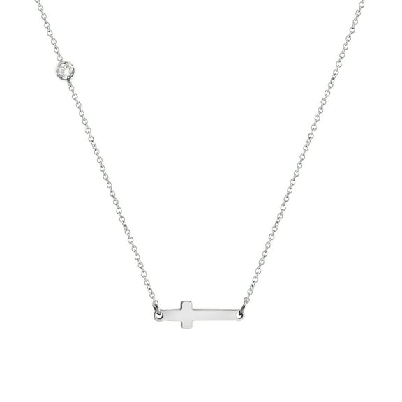 555Jewelry Polished Stainless Steel Sideways Cross Necklace for Women, Womens Cross Necklace, Small Cross Necklace for Women, Horizontal Cross Necklace, Silver, 20” Chain